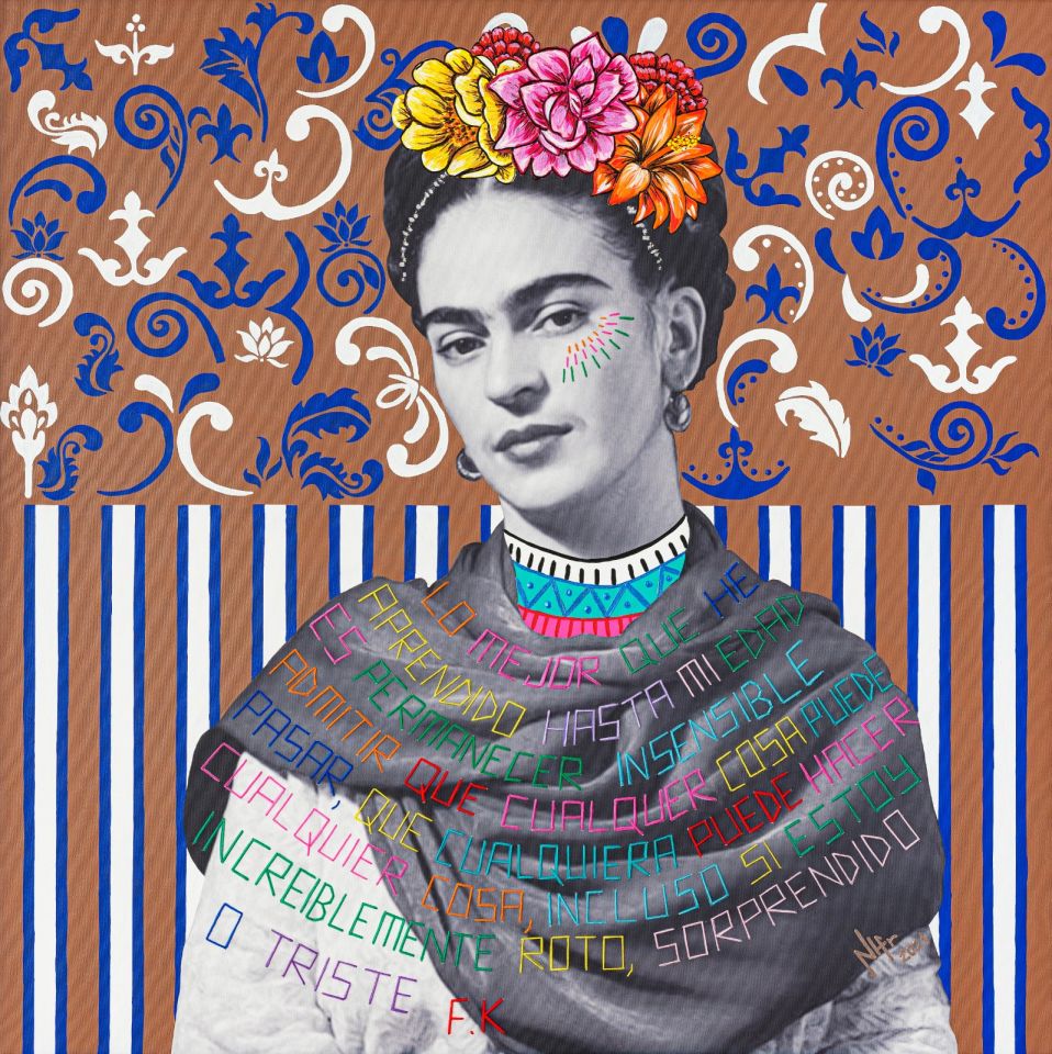 Frida Kahlo - Tuval Üzeri Dijital Baskı Nakış Çalışması ve Akrilik Boya - 100x100 cm