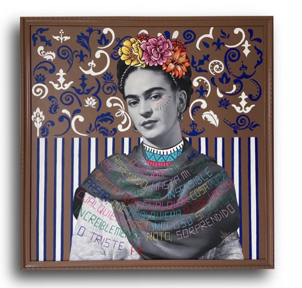 Frida Kahlo - Tuval Üzeri Dijital Baskı Nakış Çalışması ve Akrilik Boya - 100x100 cm