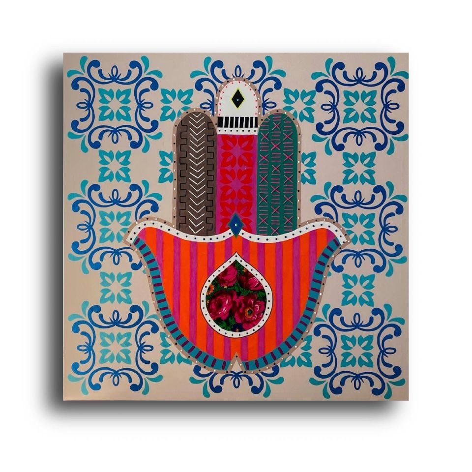 Hamsa (Fatma'nın Eli) - Tuval Üzeri Akrilik Boya ve Nakış Çalışması - 100x100cm