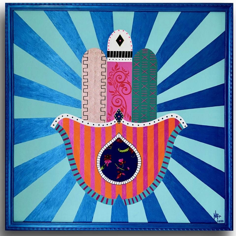 Hamsa (Fatma'nın Eli) - Tuval Üzeri Akrilik Boya Nakış ve Patch Çalışması - 100x100cm
