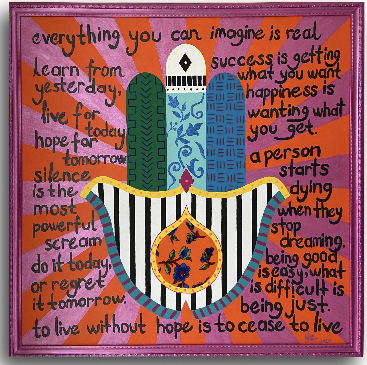 Hamsa (Fatma'nın Eli) - Tuval Üzeri Akrilik Boya Nakış ve Patch Çalışması - 100x100cm