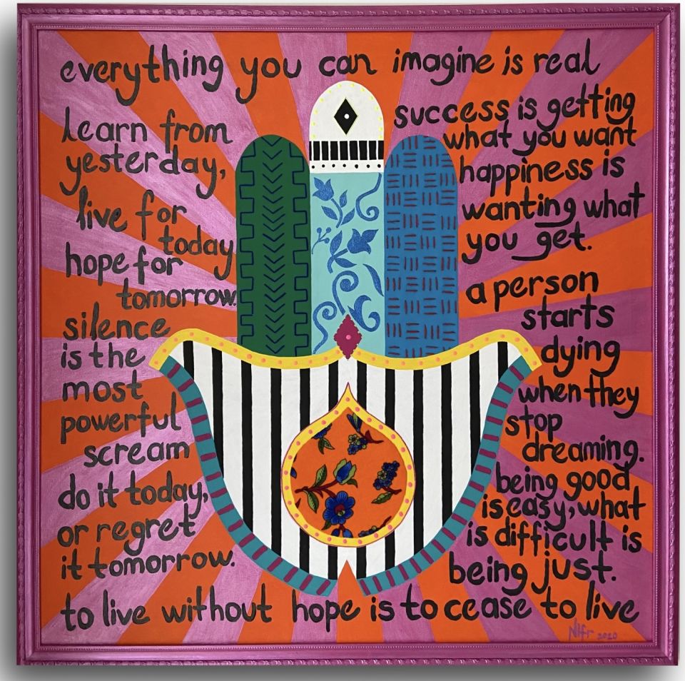 Hamsa (Fatma'nın Eli) - Tuval Üzeri Akrilik Boya Nakış ve Patch Çalışması - 100x100cm